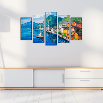 Mountains Near Blue Lake Artistic Scenery Canvas Wall Painting- With 5 Frames