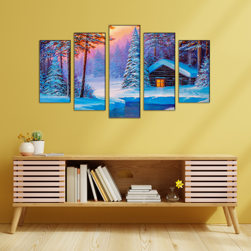 Cold Winter Sunrise Scenery Canvas Wall Painting- With 5 Frames