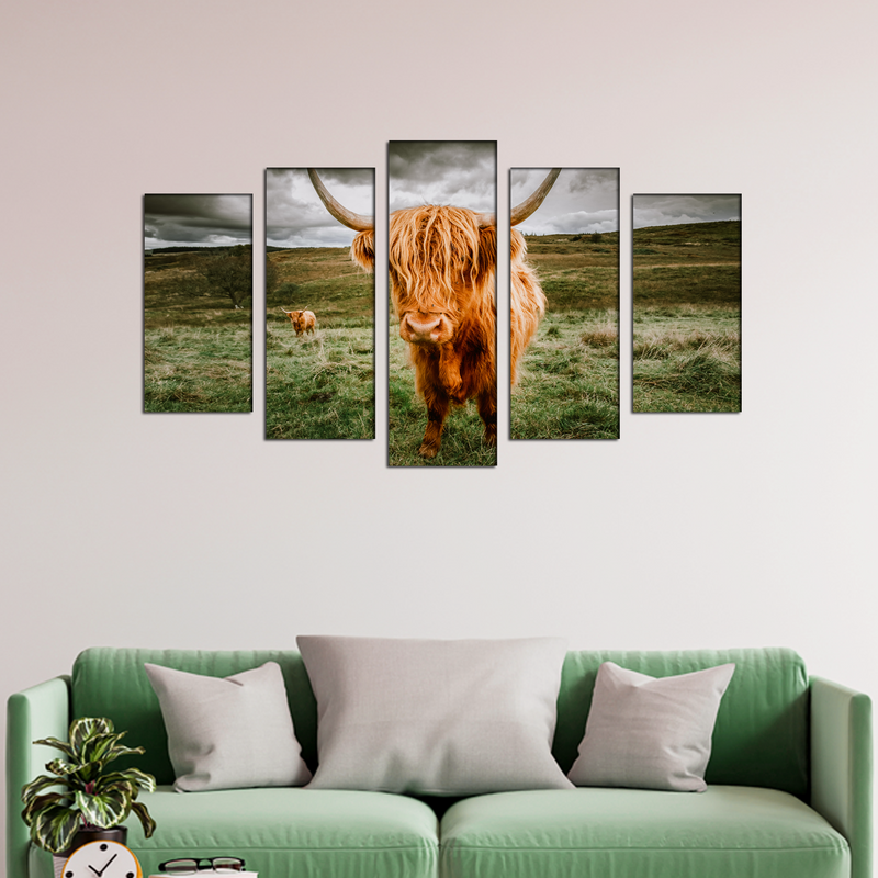 Highland Cattle With Scenic Canvas Wall Painting- With 5 Frames