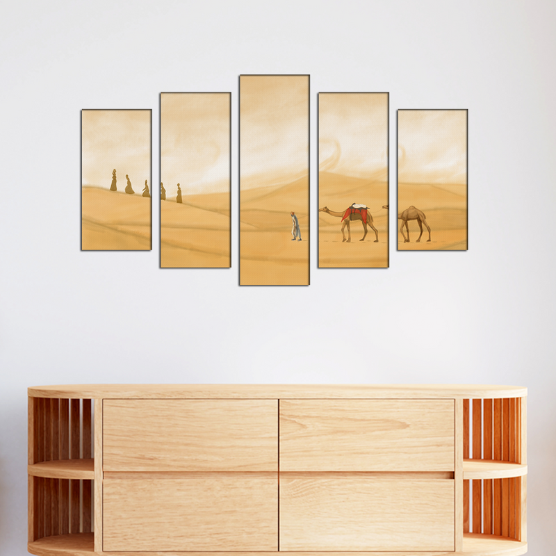 Camel In Desert Canvas Wall Painting- With 5 Frames