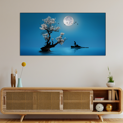 Fishing Under The Moon Light Canvas Wall Painting