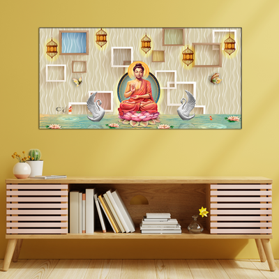 Buddha On Lotus With Swans Canvas Wall Painting