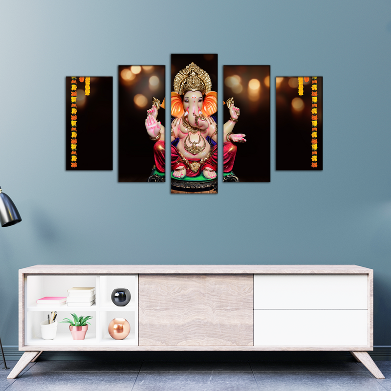 Ganpati Bappa Wood Framed Canvas Wall Painting- With 5 Frames