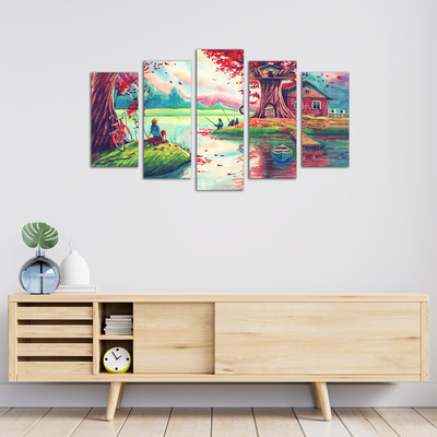Oil Painting Village Scenery Canvas Wall Painting- With 5 Frames