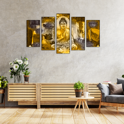 Golden Buddha Abstract Canvas Wall Painting- With 5 Frames