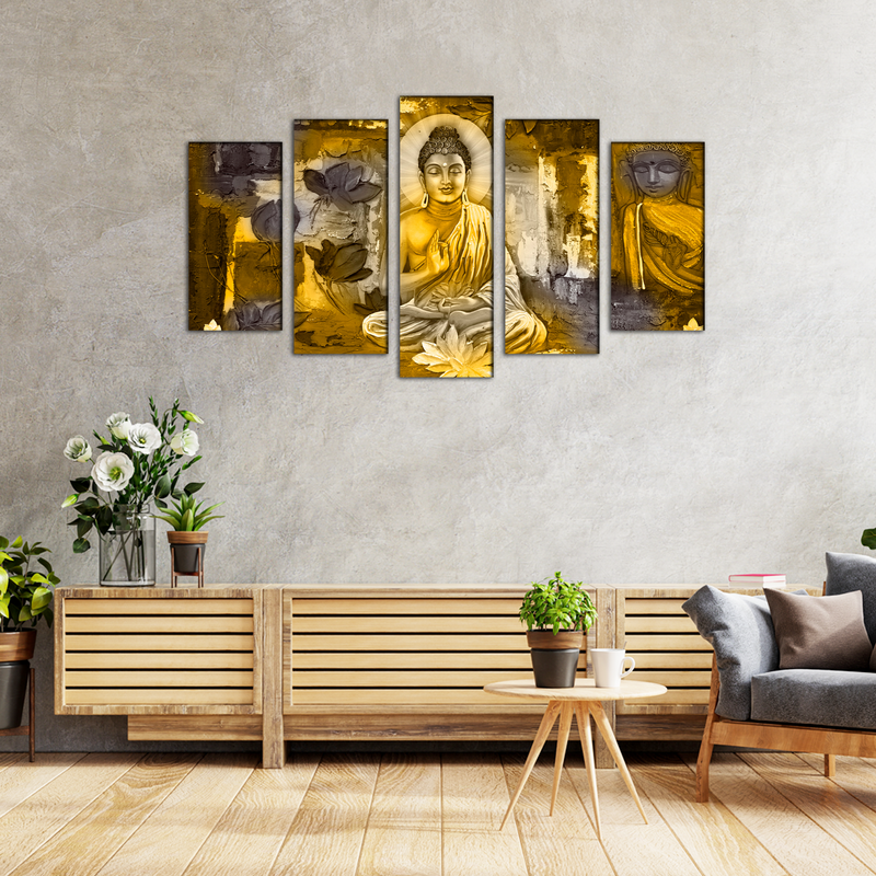 Golden Buddha Abstract Canvas Wall Painting- With 5 Frames