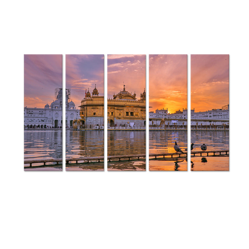 Golden Temple Sunset View Canvas Wall Painting - With 5 Panel