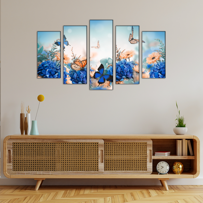 Blue Butterfly With Flower Wood Framed Canvas Wall Painting- With 5 Frames