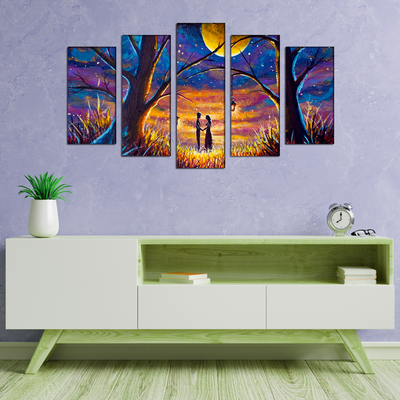 Couple In Forest At Night Under Moon Canvas Wall Painting- With 5 Frames