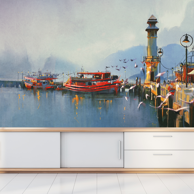 Fishing Boats In Harbor Digitally Printed Wallpaper
