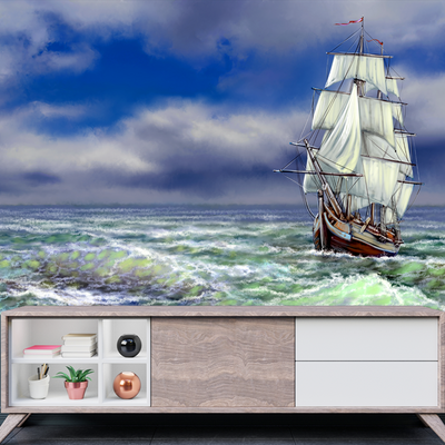 Old Ship On The Sea Digitally Printed Wallpaper