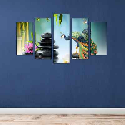 Beautiful Peacock & Water Canvas Wall Painting- With 5 Frames
