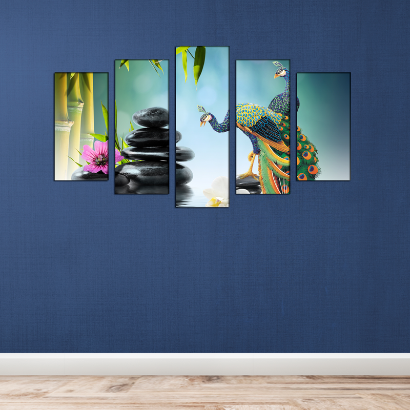 Beautiful Peacock & Water Canvas Wall Painting- With 5 Frames