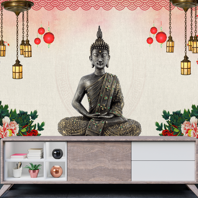 Buddha With Decorative Background Digitally Printed Wallpaper