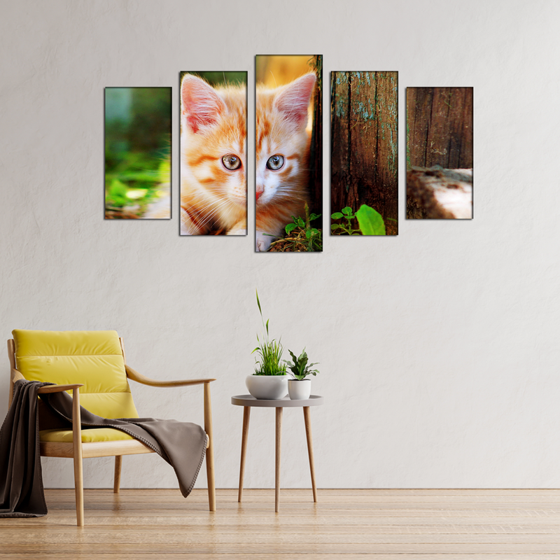 Cute Cat Canvas Wall Painting- With 5 Frames