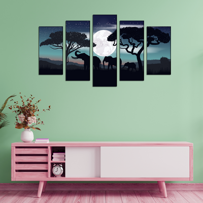 Family of Elephants In Night Canvas Wall Painting- With 5 Frames