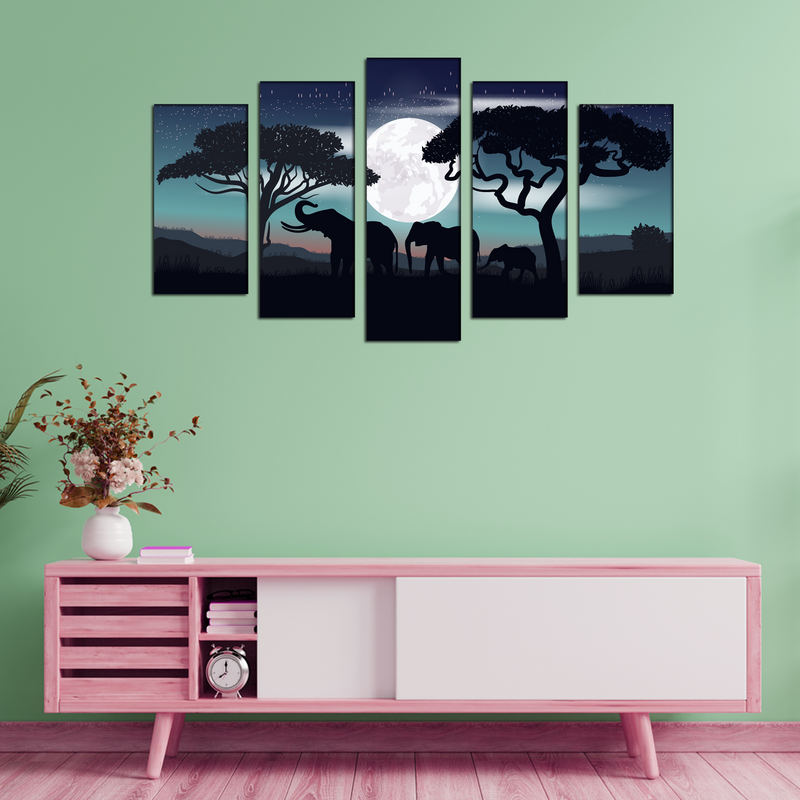 Family of Elephants In Night Canvas Wall Painting- With 5 Frames