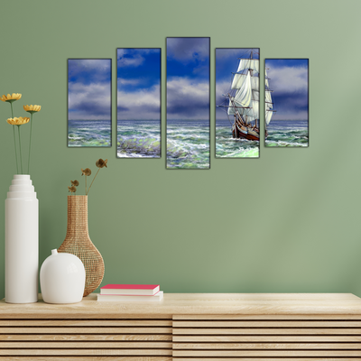 Old Ship On The Sea Canvas Wall Painting- With 5 Frames