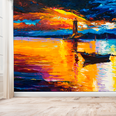 Lighthouse & Boats Abstract Digitally Printed Wallpaper