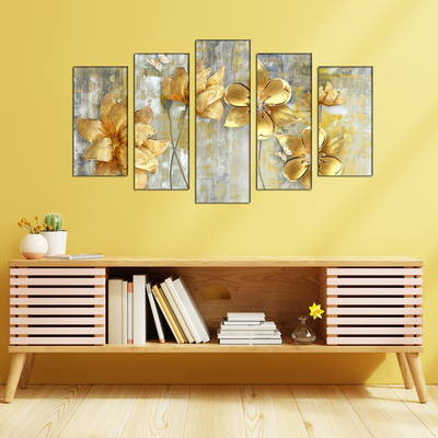 Golden Flower Wood Framed Canvas Wall Painting- With 5 Frames