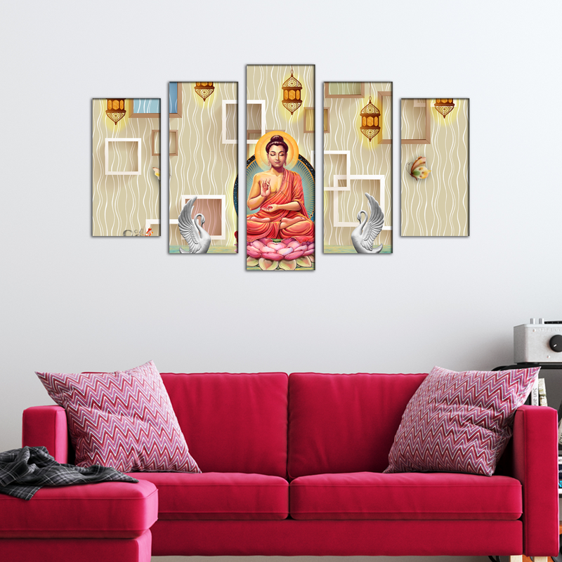 Buddha On Lotus With Swans Canvas Wall Painting- With 5 Frames