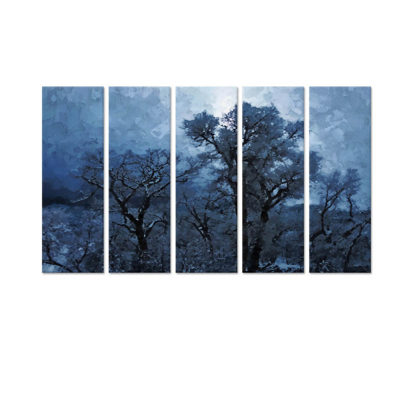 Blue Tree Canvas Wall Painting - With 5 Panel