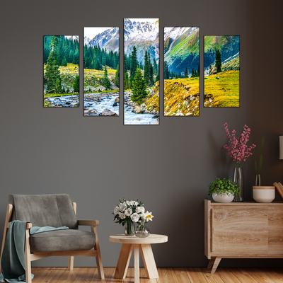 Mountain Tree & Water Scenery Canvas Wall Painting- With 5 Frames
