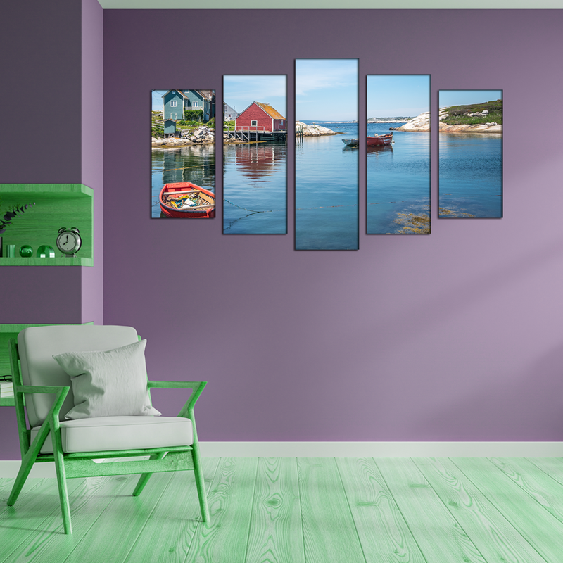 Boats & House Scenery Canvas Wall Painting- With 5 Frames