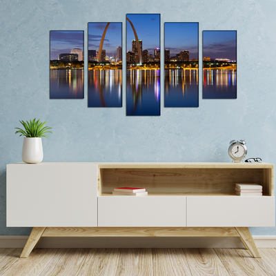 City Lake View Canvas Wall Painting- With 5 Frames