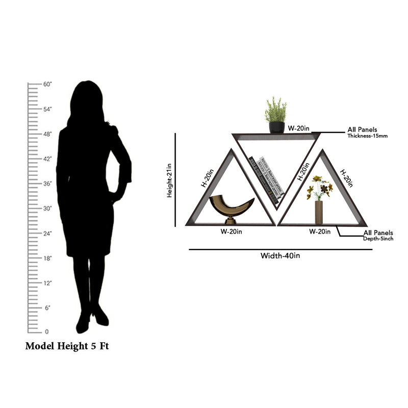 Beautiful Triangle Shape Set of 3 Wood Wall Shelf / Book Shelf, Walnut Finish