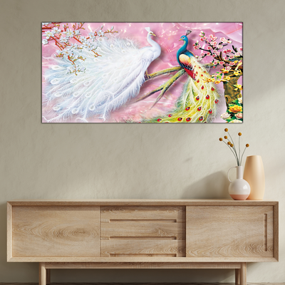 Beautiful White & Colored Peacock Canvas Wall Painting