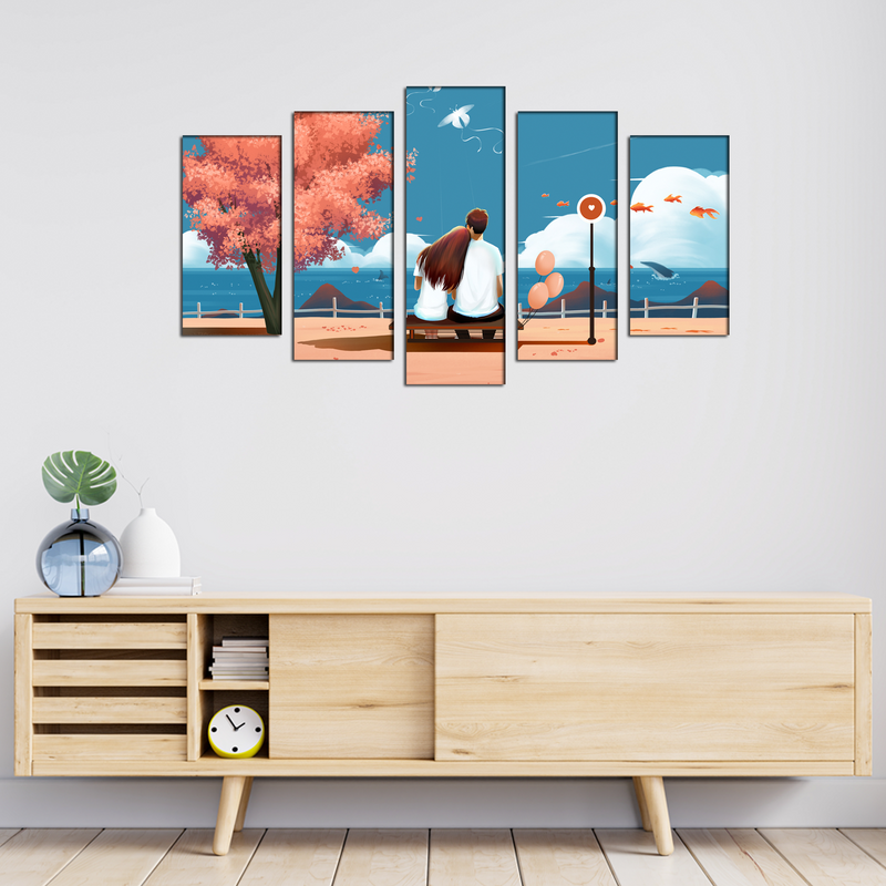 Love Couple Seating On Sea Side Illustration Canvas Wall Painting- With 5 Frames