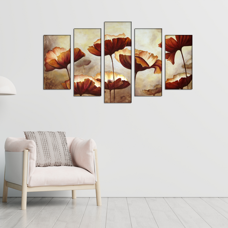 Brown Flower Canvas Wall Painting- With 5 Frames