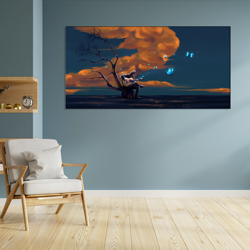 Boy Playing Guitar In Night Canvas Wall Painting