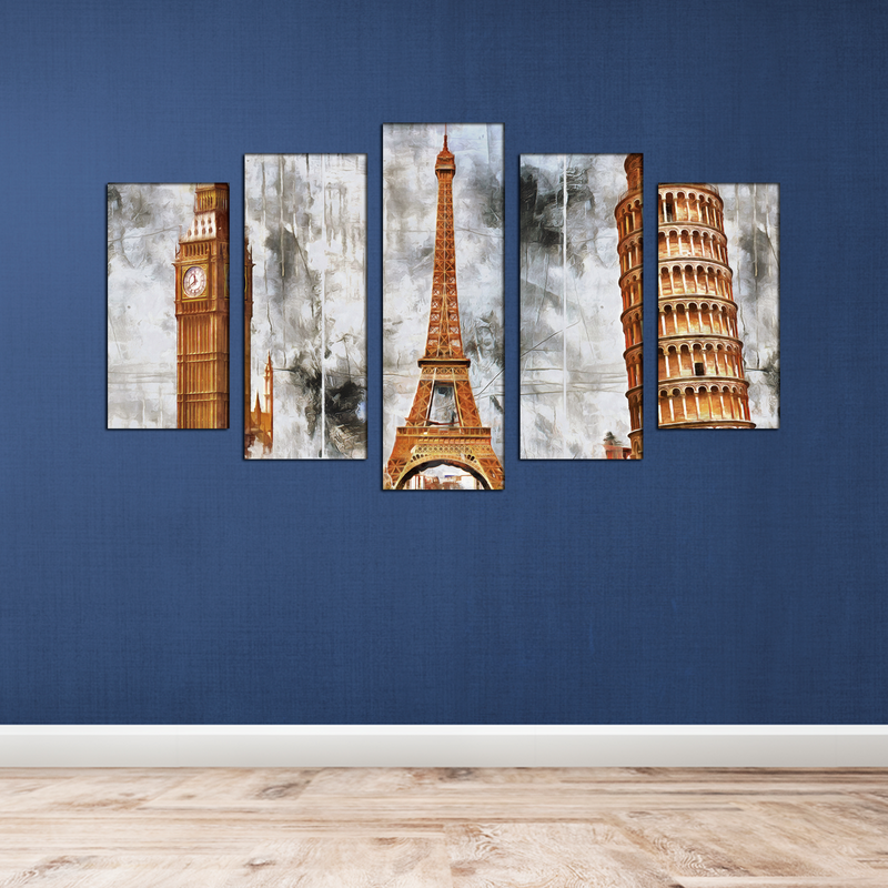 Eiffel Tower, Big Ben And Tower Of Pizzal Canvas Wall Painting- With 5 Frames