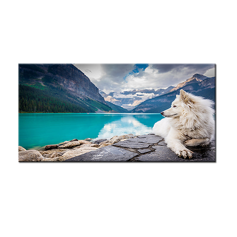 A White Dog Sitting On A Rock Canvas Wall Painting