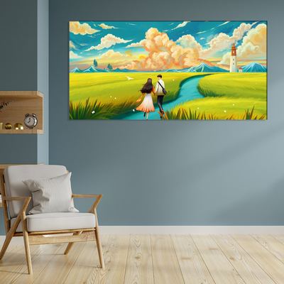 Lovers are running in a wheat field Canvas Print Wall Painting