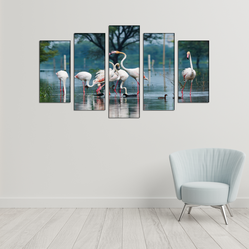 Flamingo Birds Canvas Panel Wall Painting - With 5 Frames
