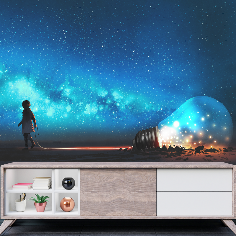 Boy Pulled The Big Bulb Digitally Printed Wallpaper