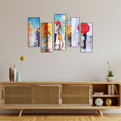Couple In Rain Canvas Panel Wall Painting - With 5 Frames