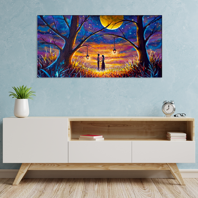 Couple In Forest At Night Under Moon Canvas Wall Painting