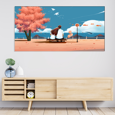Love Couple Seating On Sea Side Illustration Canvas Wall Painting