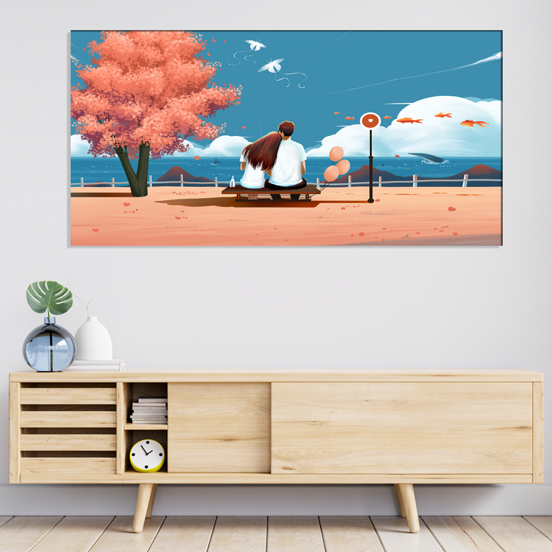 Love Couple Seating On Sea Side Illustration Canvas Wall Painting