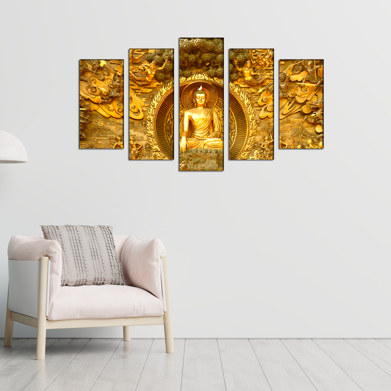 Golden Buddha Canvas Wall Painting - With 5 Frames