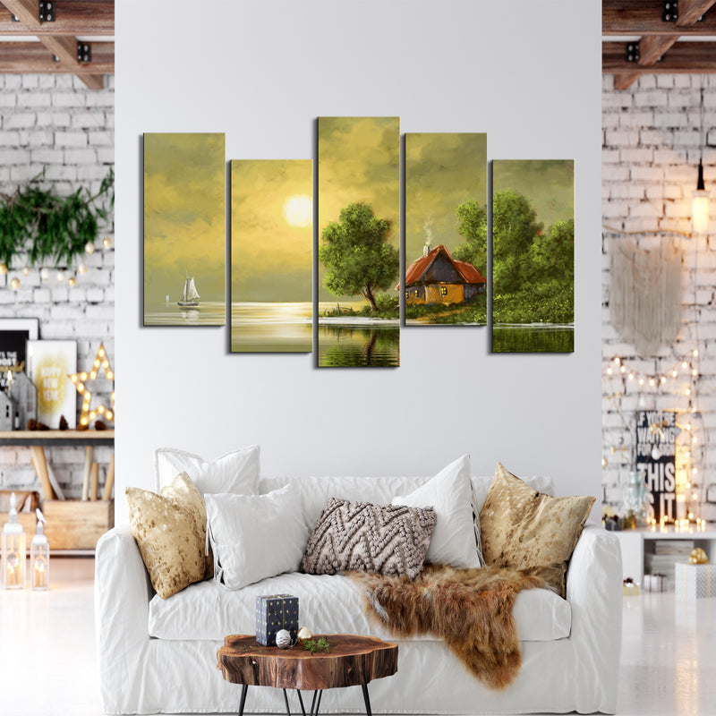 Beautiful Sunset In Village Canvas Wall Painting- With 5 Frames