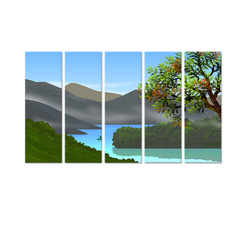 Mountain & River Scenery Canvas Wall Painting - With 5 Panel