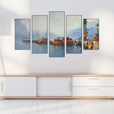 Fishing Boats In Harbor Canvas Panel Wall Painting - With 5 Frames