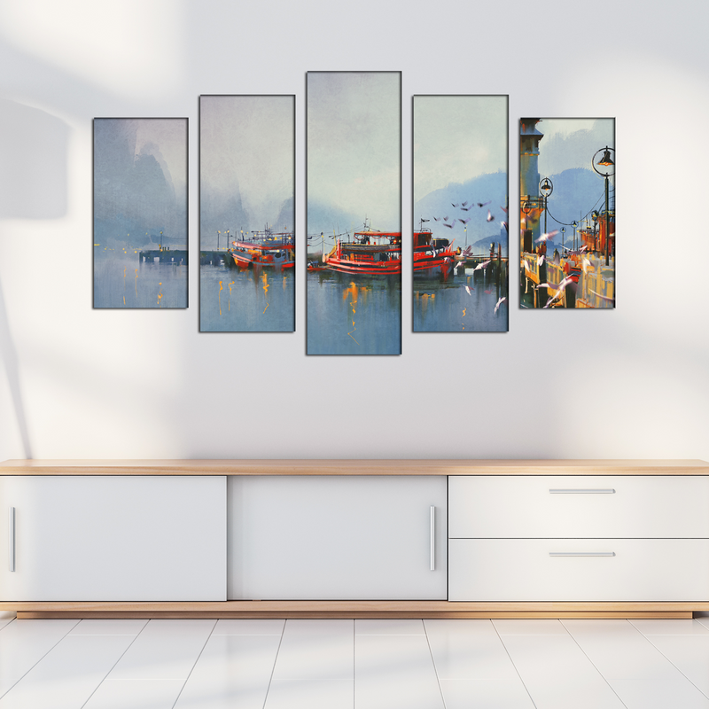 Fishing Boats In Harbor Canvas Panel Wall Painting - With 5 Frames