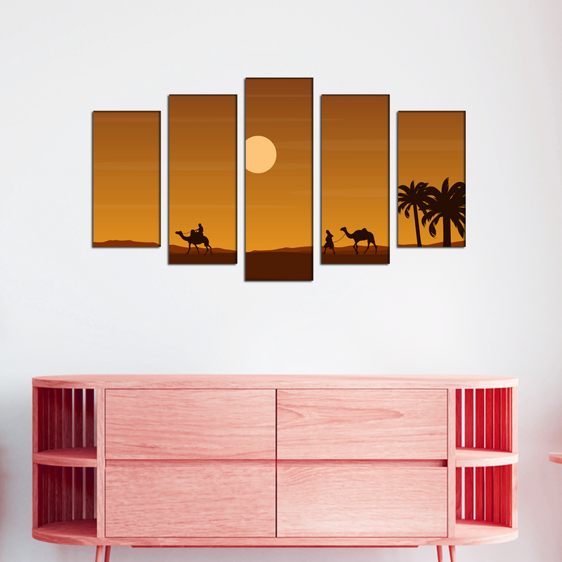 Camel Rider In Desert Canvas Wall Painting- With 5 Frames