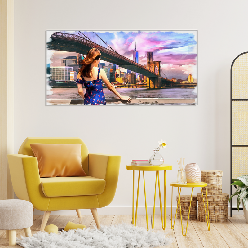 Girl Standing Into Brooklyn Bridge Canvas Wall Painting